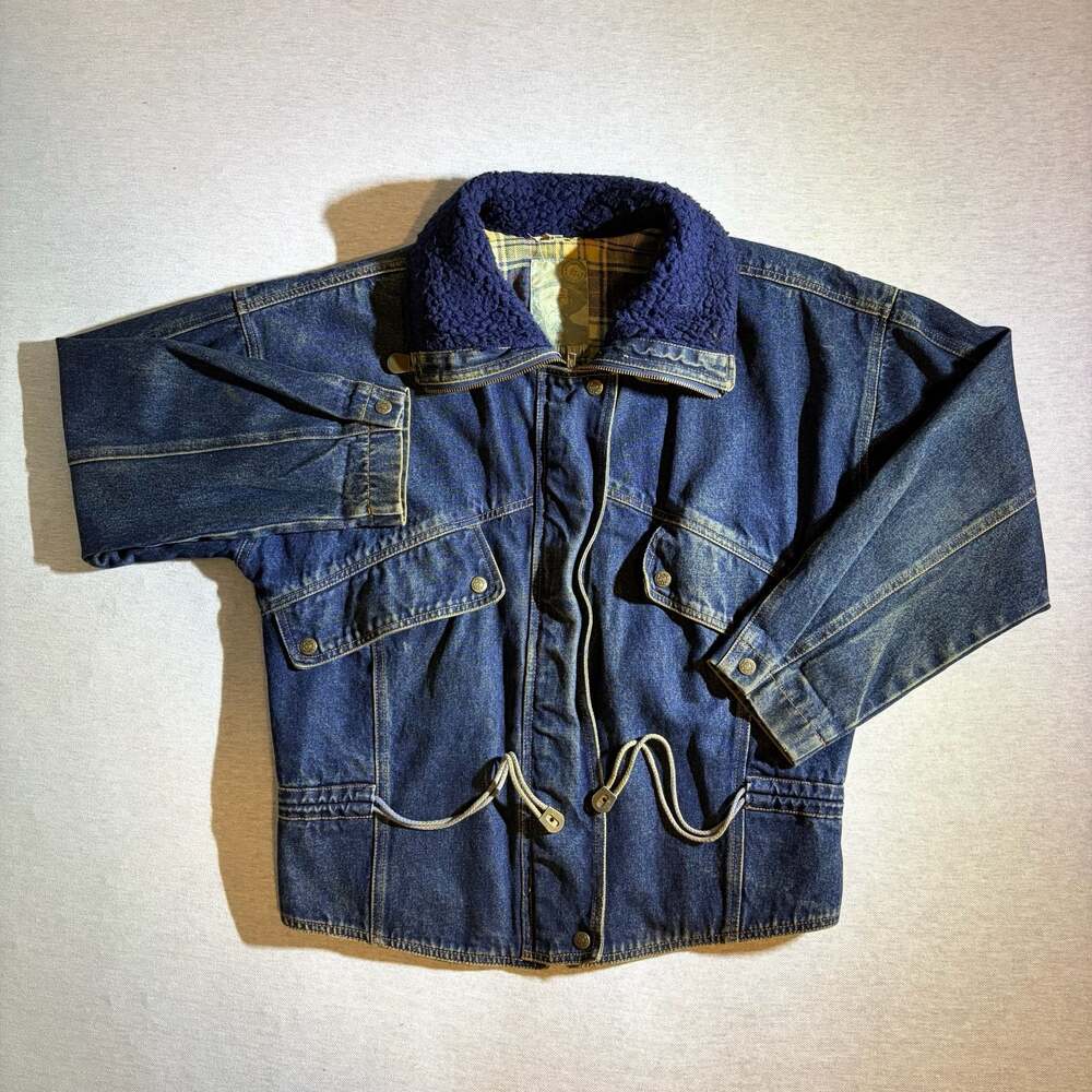 Vintage 1980s Jeremiah Whipp Denim Bomber Jacket with Sherpa Collar